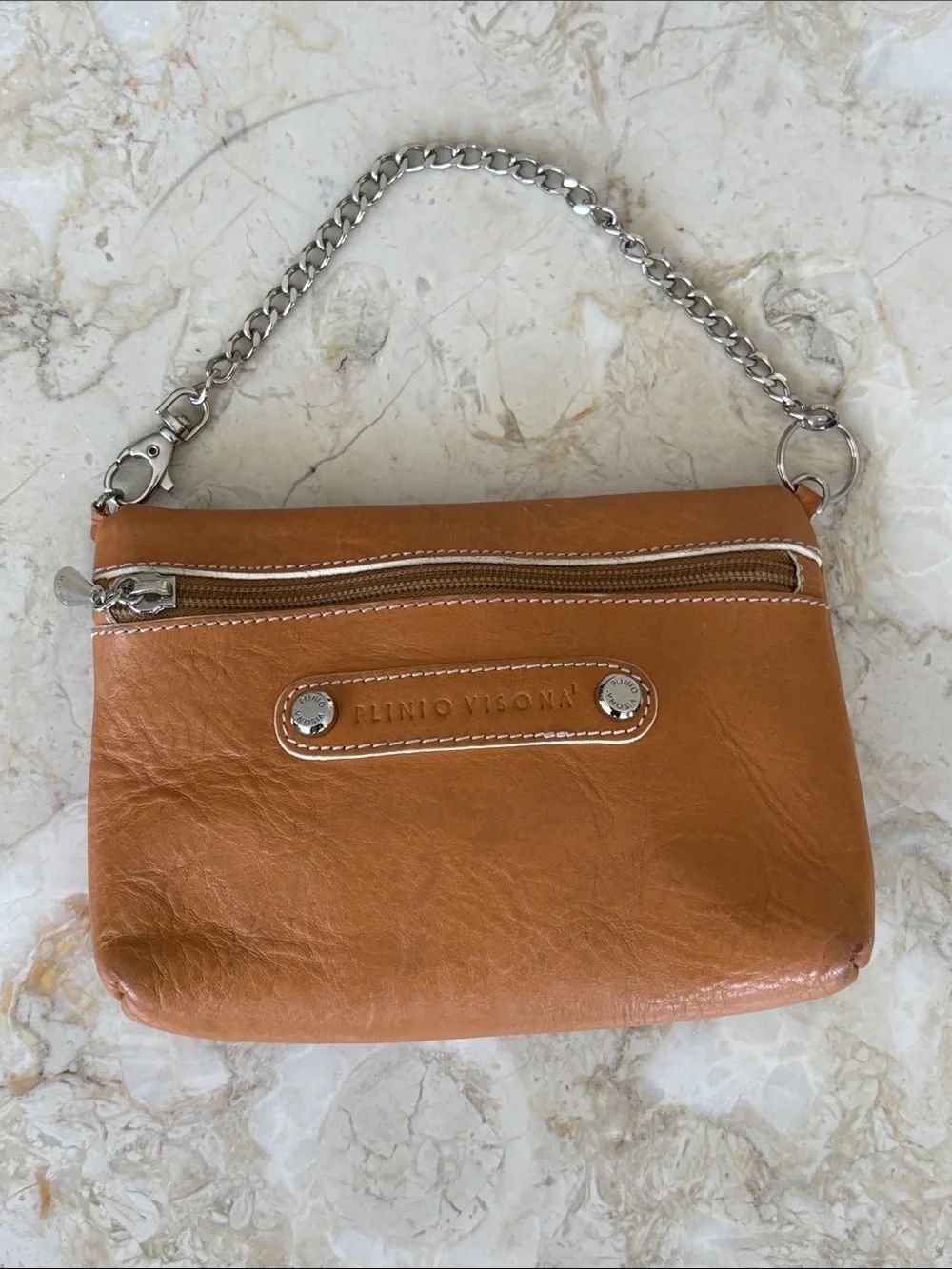 Plinio Visona Italian Leather Wristlet Clutch Cognac Tan Chain Strap